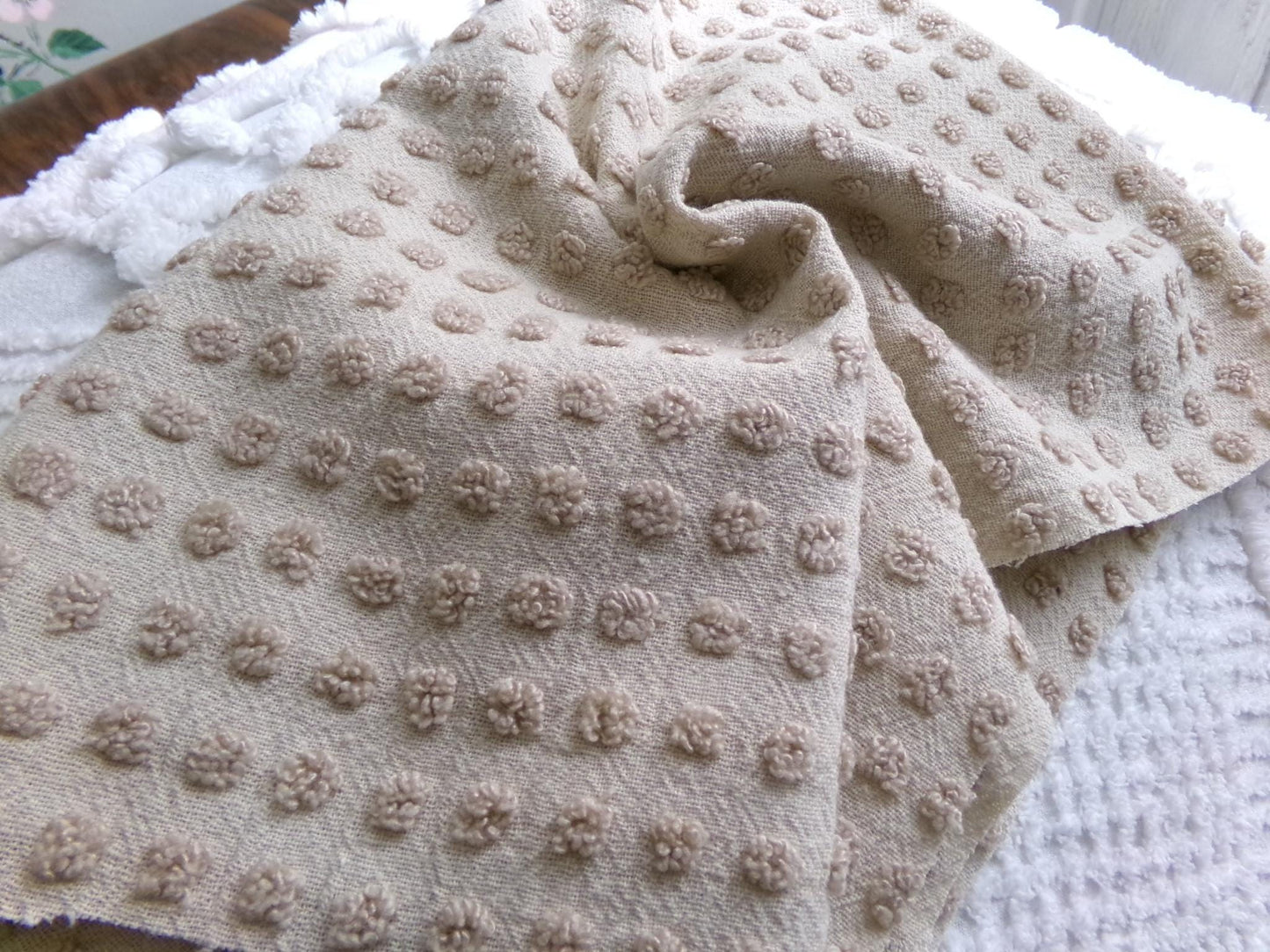 neutral mocha pops vintage chenille fabric, Morgan Jones little popcorn dots, 18" x 24" piece of lightweight sewing & quilting material