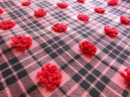 Black Tartan Plaid Vintage Chenille Bedspread Fabric, Texturized Red Dots, 19" x 26" inch Piece, Lightweight Sewing Material