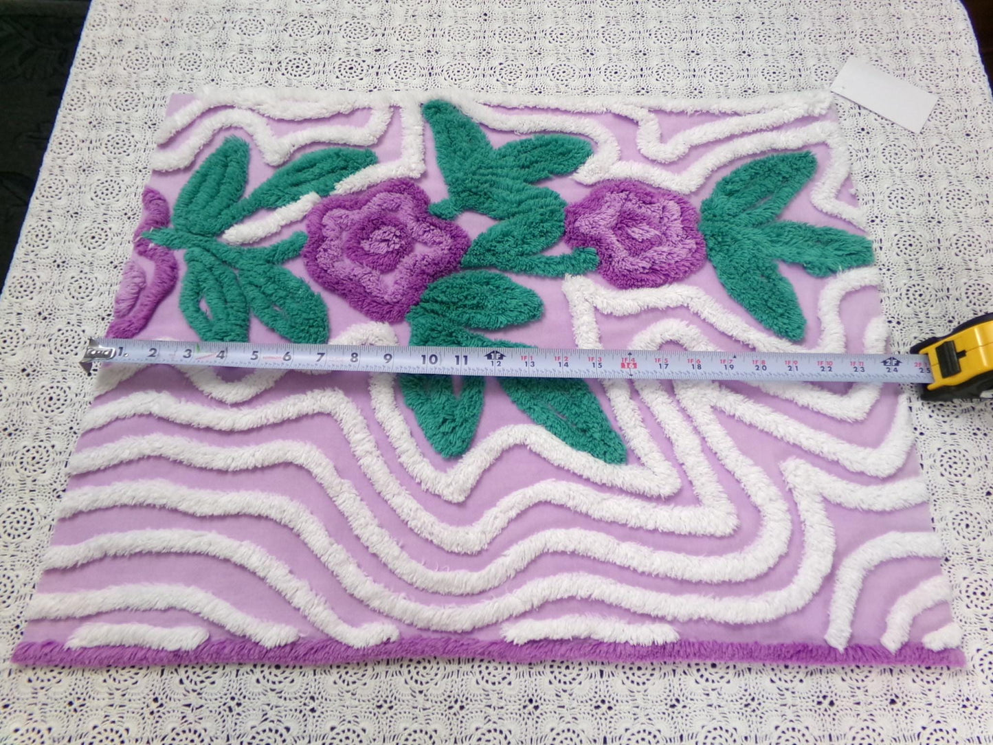 Violet Roses Vintage Chenille Bedspread Fabric 18x23" Sweeping White Waves