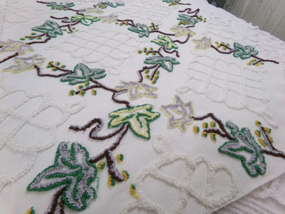 rambling ivy vintage chenille fabric, 21" x 24" irregular cut piece, unique tufted leaf design on antique white, great in pillows, quilts