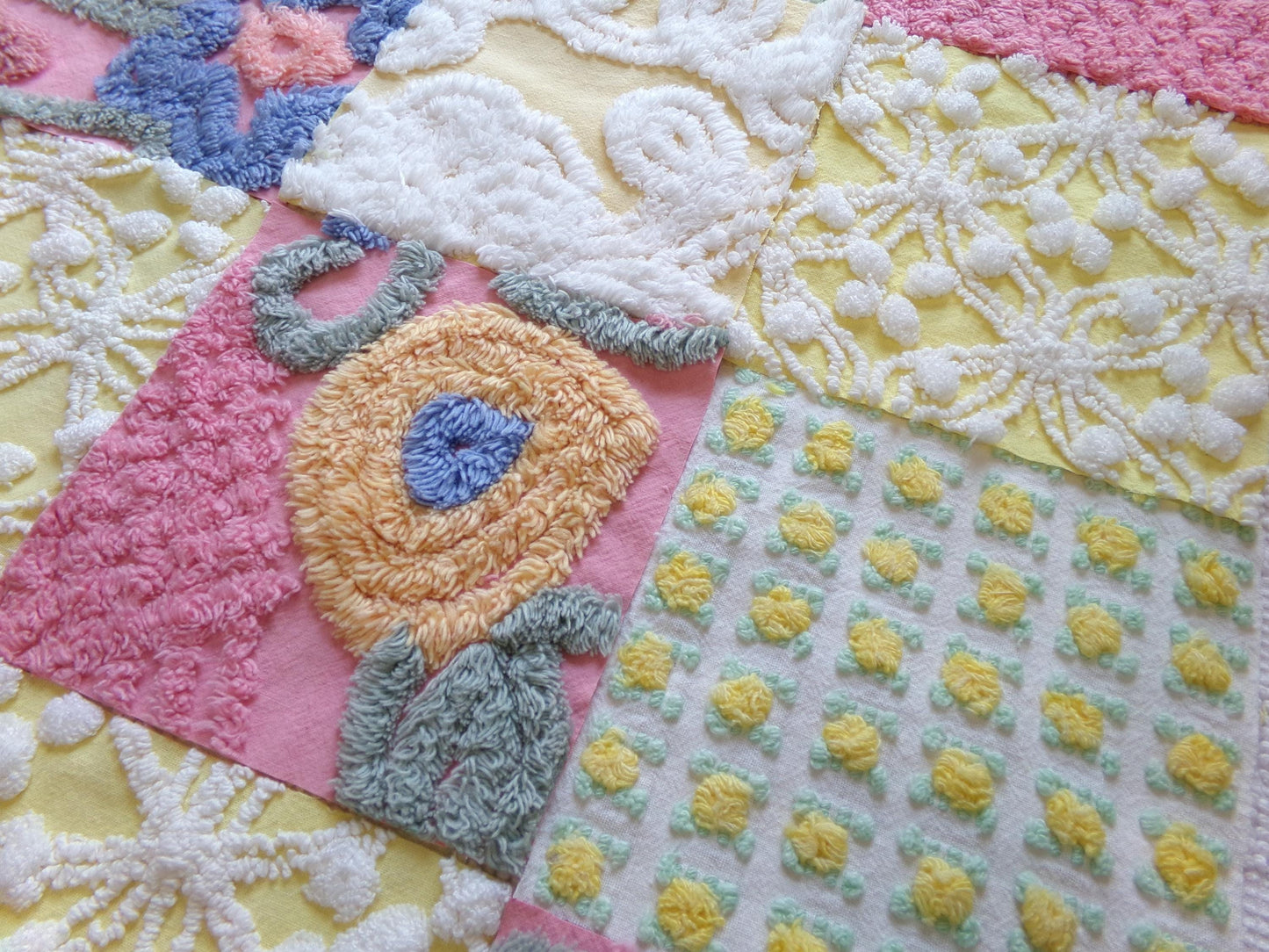vintage chenille fabric squares, "buttercup baby" set of 16 floral 6" quilt blocks in colorful pink & yellow, for quilting, crafts, sewing