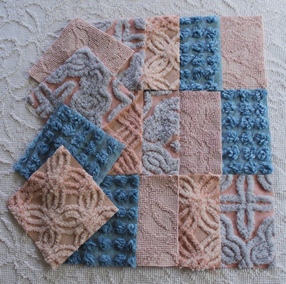 twilight melody vintage chenille fabric squares, set of 16 dreamy 6" quilt blocks, serene blue, rose mist, pink shades