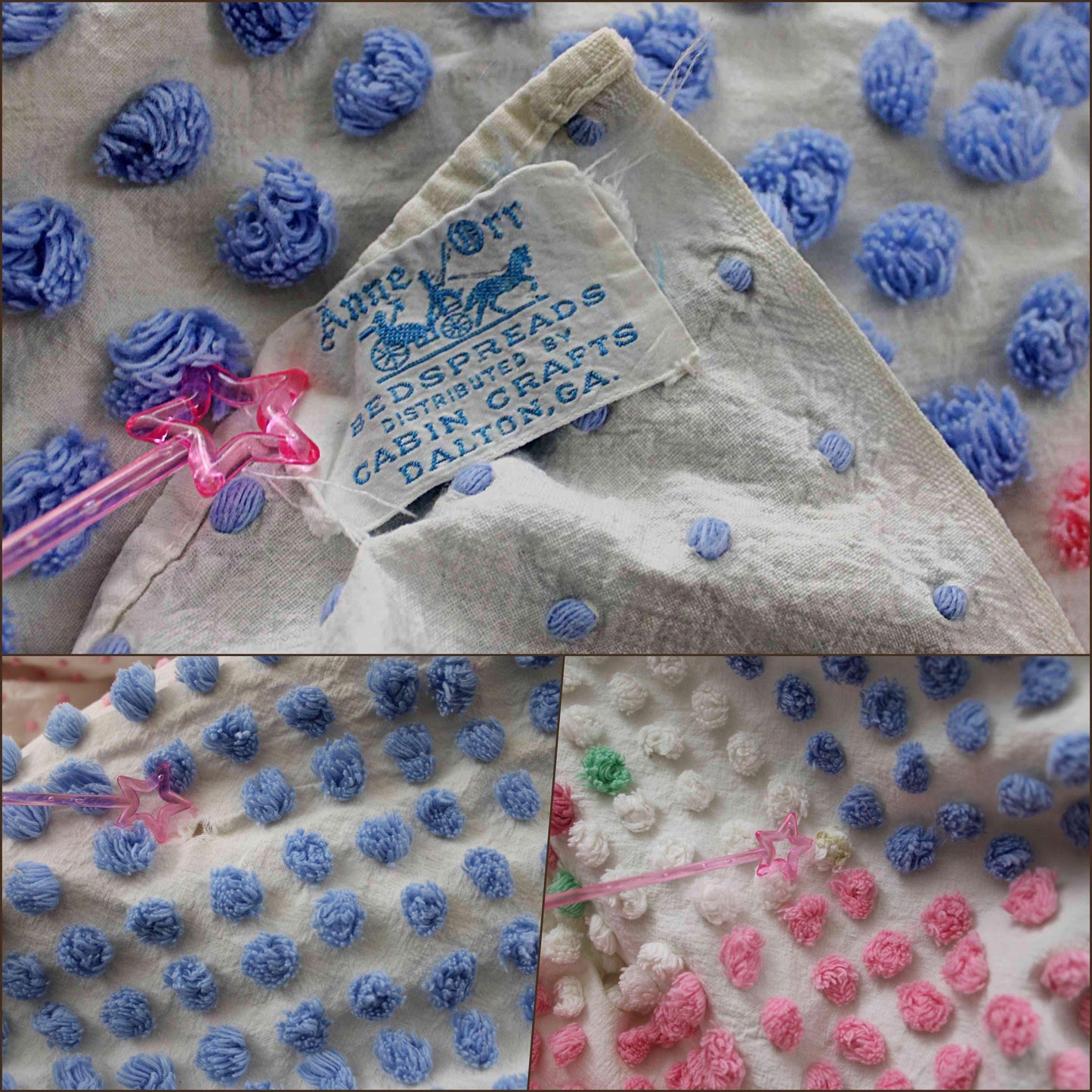 Rare Vintage Chenille Bedspread, Tufted Pink & Blue Popcorns with Rose Pop Flowers, Anne Orr for Cabin Crafts, Full Size Cottage Bedding