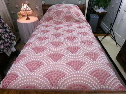 pink mermaid tails vintage chenille bedspread, antique twin size coverlet summer bedding