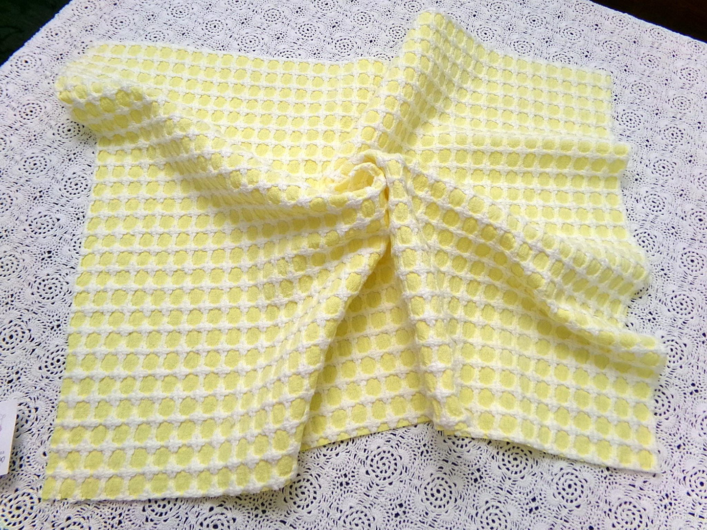 Honeycomb Cross Vintage Woven Chenille Fabric Lemon Yellow White Lady Galt 21x21"