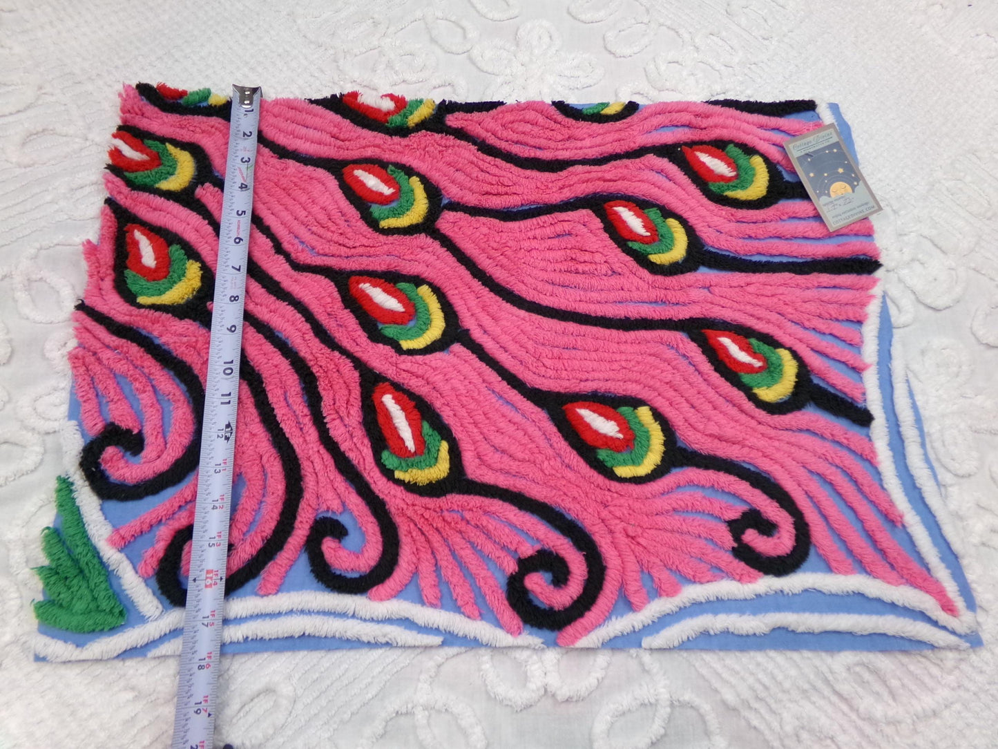 Pink Peacock Vintage Chenille Fabric, exotic tail feathers, sewing craft quilt material 17" x 23" piece