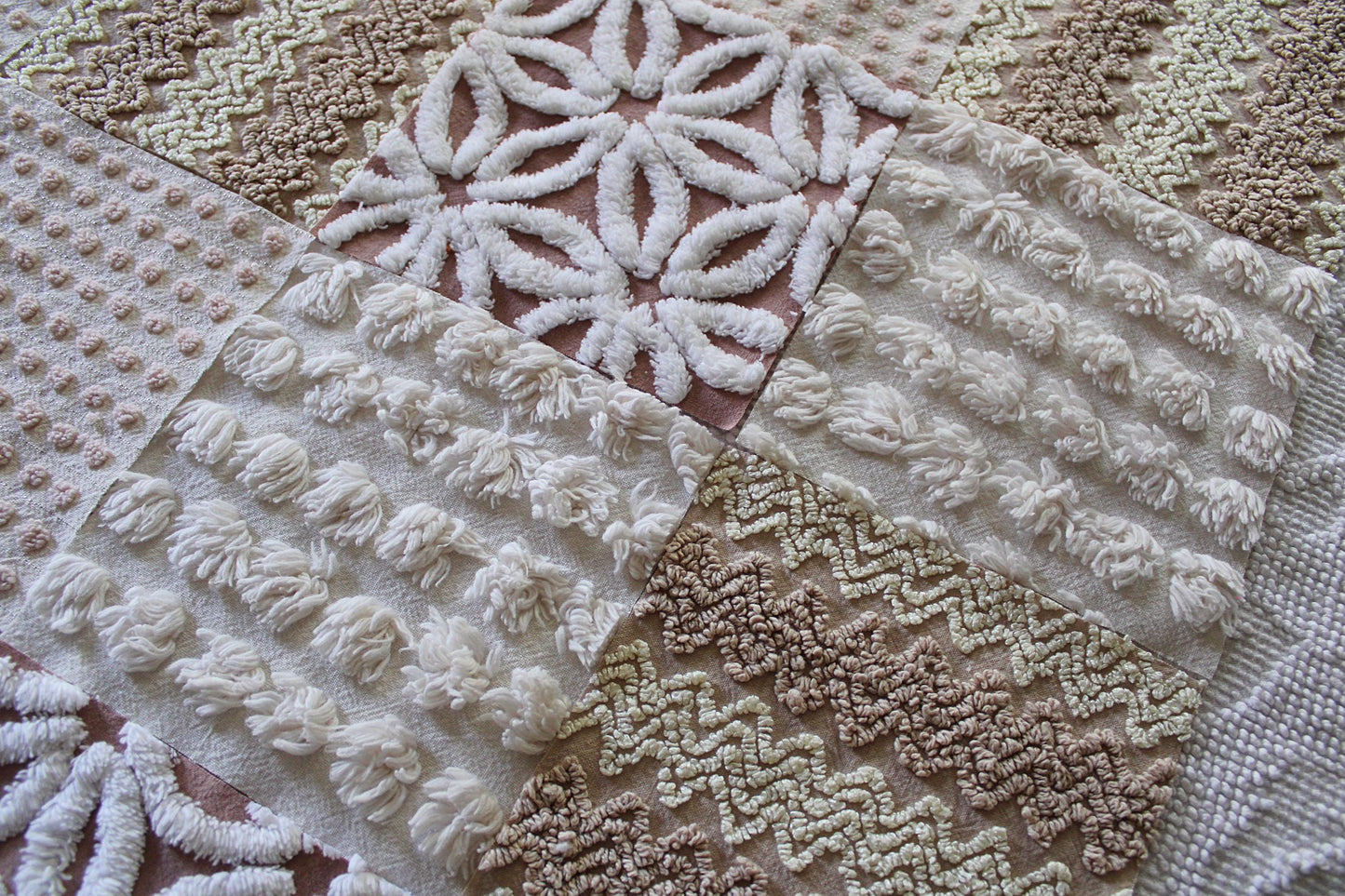 creamy vanilla mocha chenille fabric squares, set of 16 vintage quilt blocks 6" inches ea, daisy, squiggle, puffy pop texture