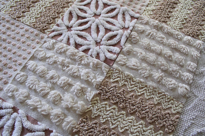 creamy vanilla mocha chenille fabric squares, set of 16 vintage quilt blocks 6" inches ea, daisy, squiggle, puffy pop texture