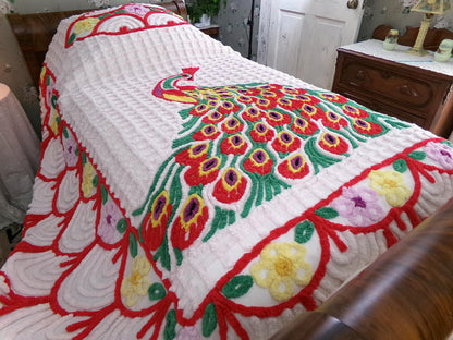 Sprawling Peacock Vintage Chenille Bedspread, Boho Red Green & White Cotton Full Size