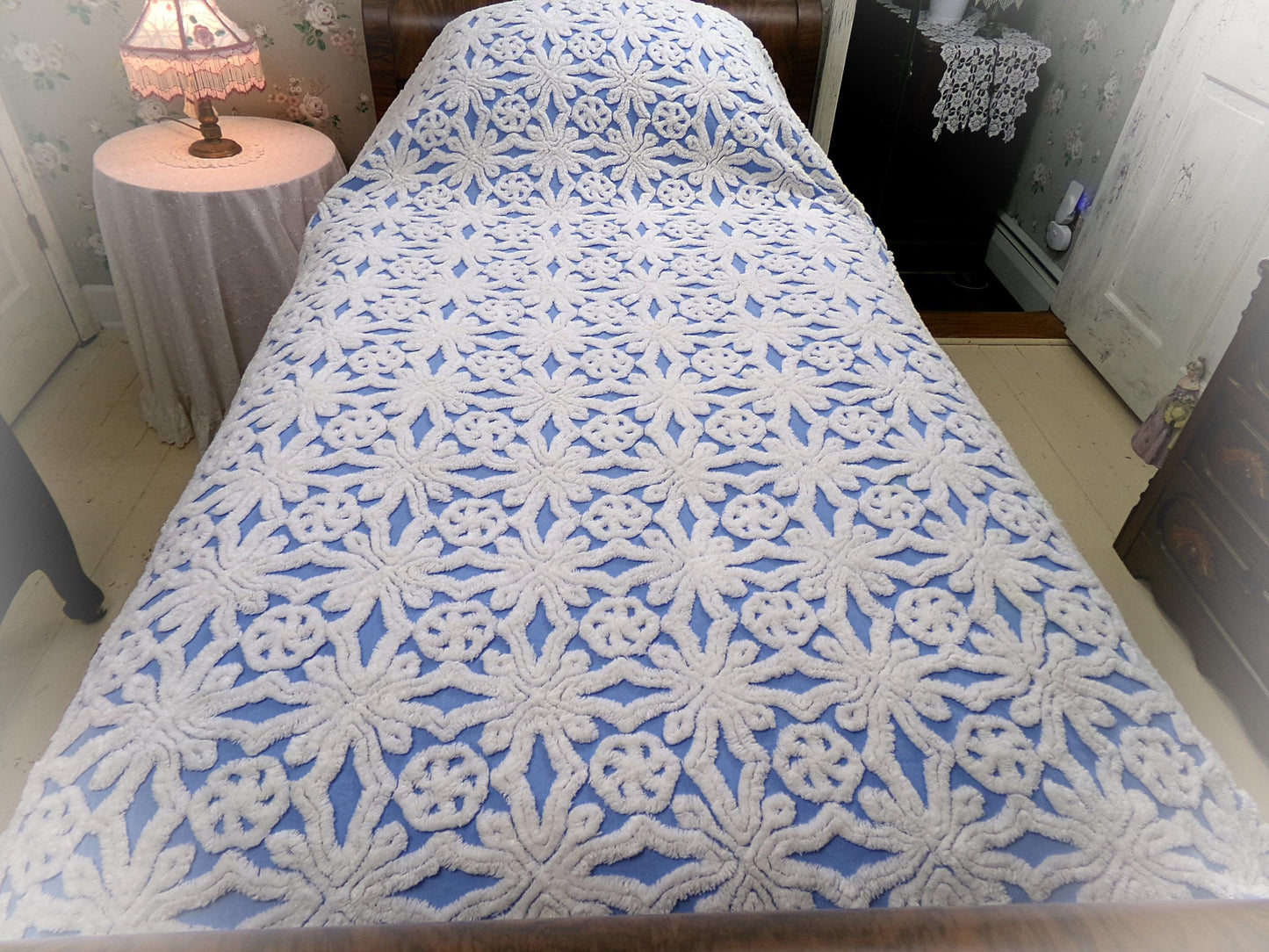 blue vintage chenille bedspread: icicle crystal white tufting, coastal cottage style full size cotton bedding