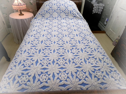 blue vintage chenille bedspread: icicle crystal white tufting, coastal cottage style full size cotton bedding