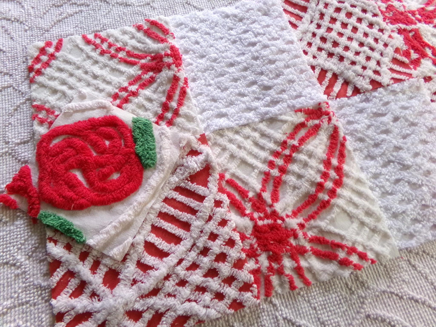 vintage chenille fabric squares, set of 8 red & white 7.5" vintage quilt blocks for sewing, Christmas crafts, quilting