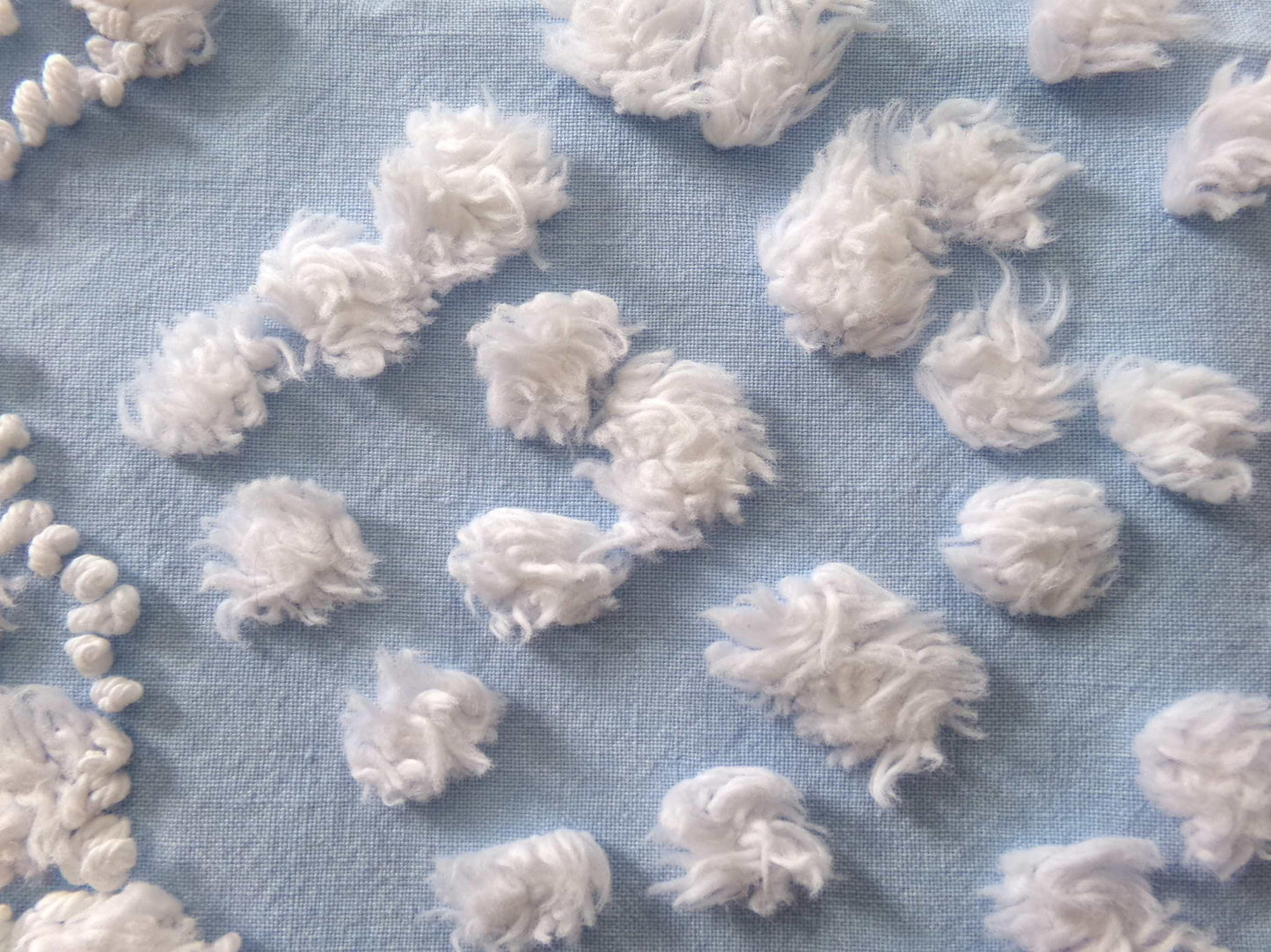 shabby beach chic vintage chenille fabric, 19" x 21" piece w/ snow white pops & links on sky blue cotton