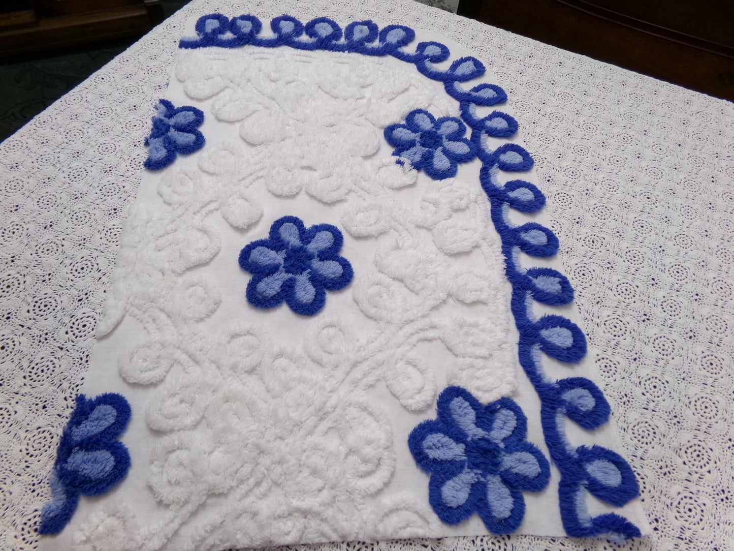Vintage Chenille Fabric Piece, Blue White Floral Coastal Chic Quilting Material 14x25"