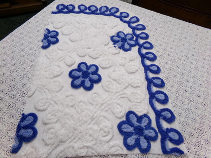 Vintage Chenille Fabric Piece, Blue White Floral Coastal Chic Quilting Material 14x25"