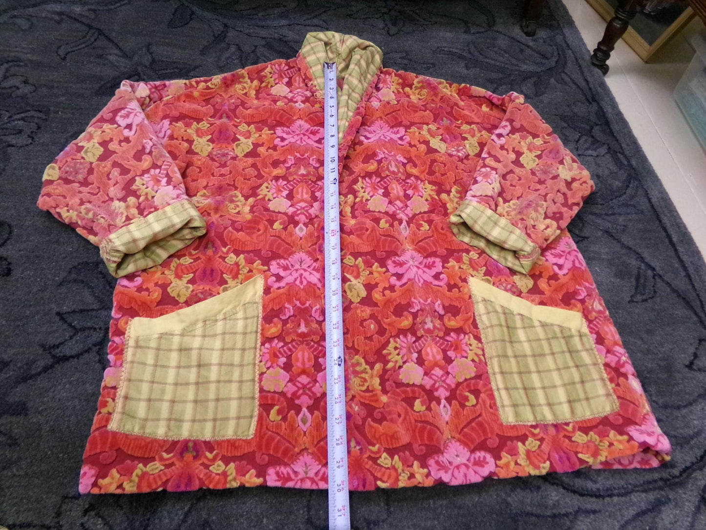 Vintage Bates Velvet Chenille Jacket Handmade Oversized Womens Red Baroque Damask Boho Style, s/m/l/xl