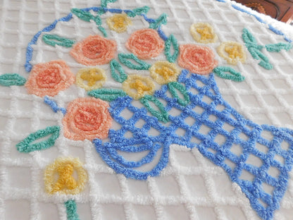 cottage style vintage chenille bedspread, spring flower basket on radiating white sunburst tufting, full size cotton bedding