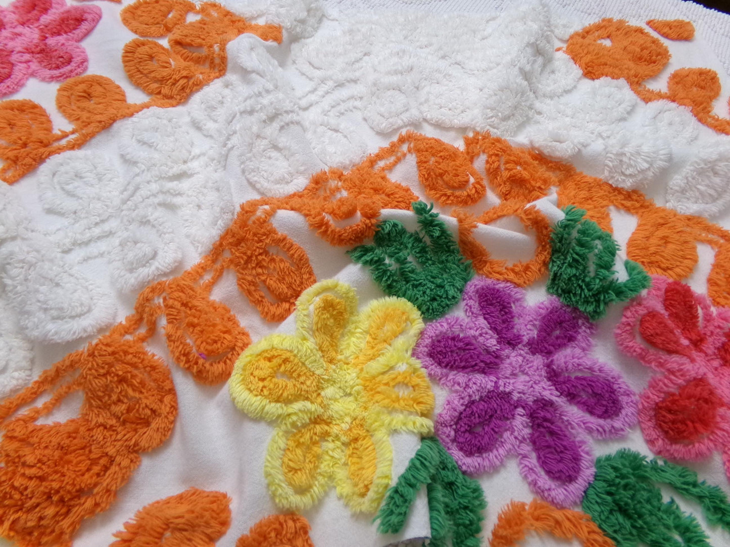 citrus floral vintage chenille bedspread fabric, orange & white quilt material, 16" x 25"