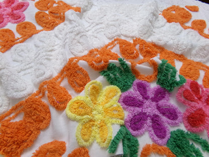 citrus floral vintage chenille bedspread fabric, orange & white quilt material, 16" x 25"