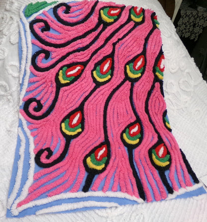 Pink Peacock Vintage Chenille Fabric, exotic tail feathers, sewing craft quilt material 17" x 23" piece