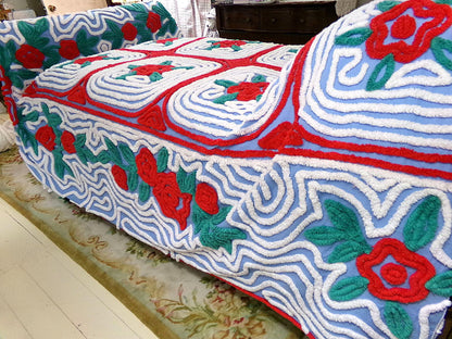 midnight in a garden of roses vintage chenille bedspread, red flowers on starry blue with white swirl tufting, full size bedding