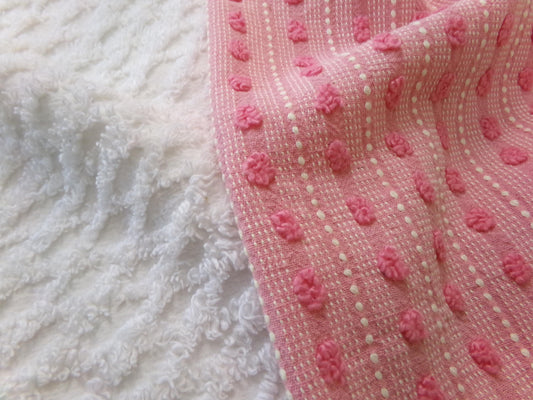 Vintage Chenille Fabric Bundle in Pink Dot & White Lattice, 2 Pieces 12" x 18" each | Quick Stash Builder for Fiber Arts, Quilting