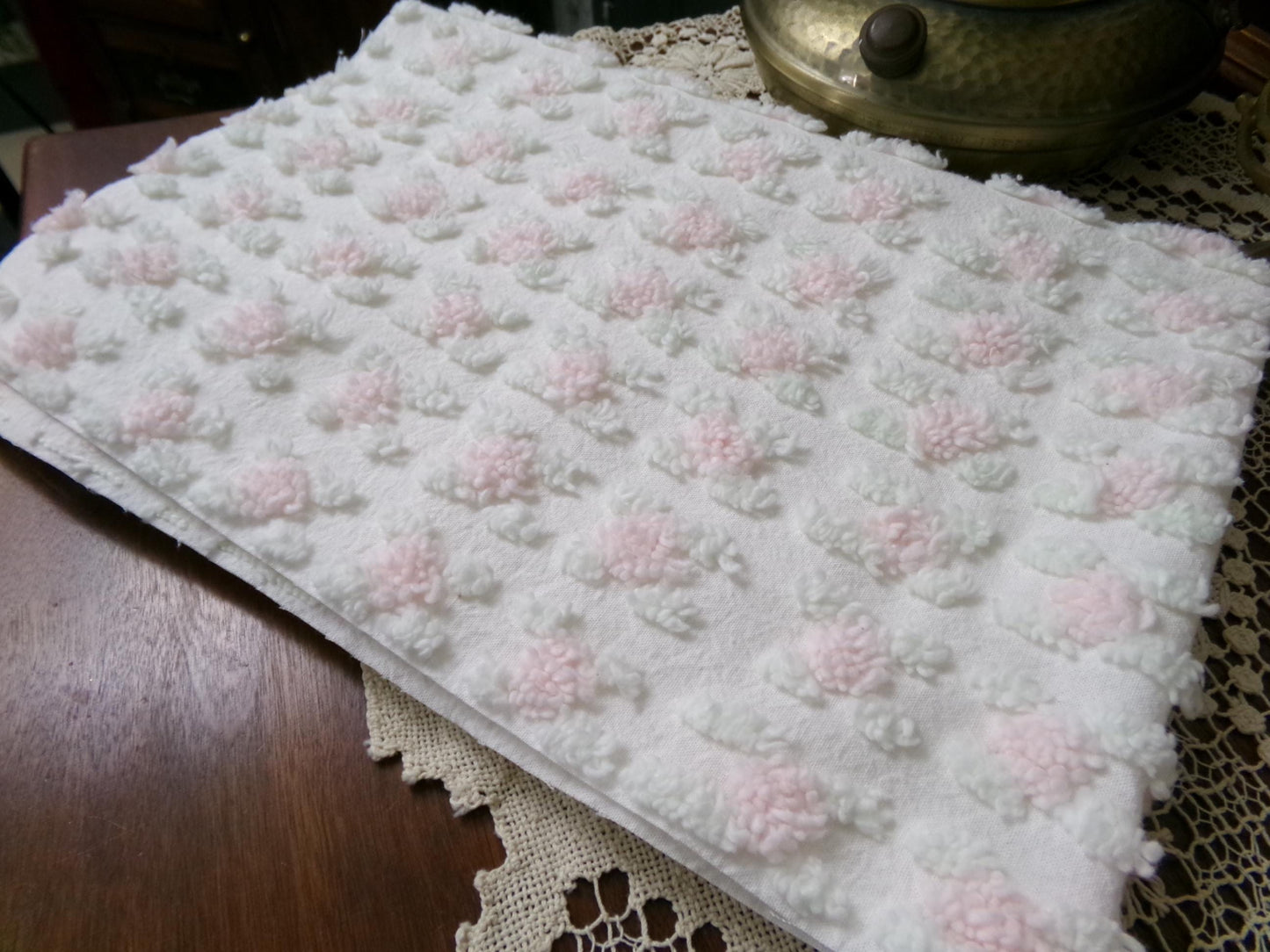 Shabby Pink Rosebud Vintage Chenille Bedspread Fabric Piece, Cottage Style Quilt Material 18" x 24"