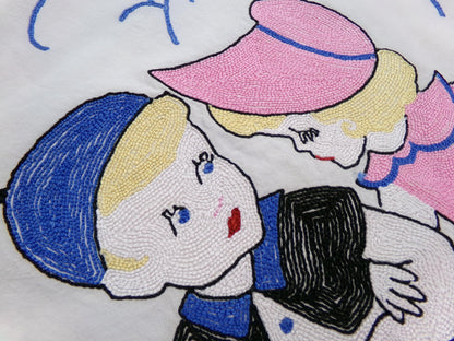 whimsical vintage chenille fabric panel: jack & jill storybook cute kids w/ scotty dog, 22" x 26" piece
