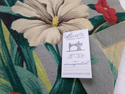 Hawaiian Barkcloth Vintage Fabric, Gray Tropical Red Hibiscus Floral Mid-Century 27" x 18"