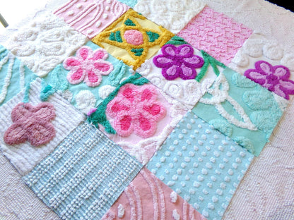 funky flowers 6" chenille squares, colorful mixed set of 16 quilt blocks rotary cut from vintage chenille bedspread fabrics