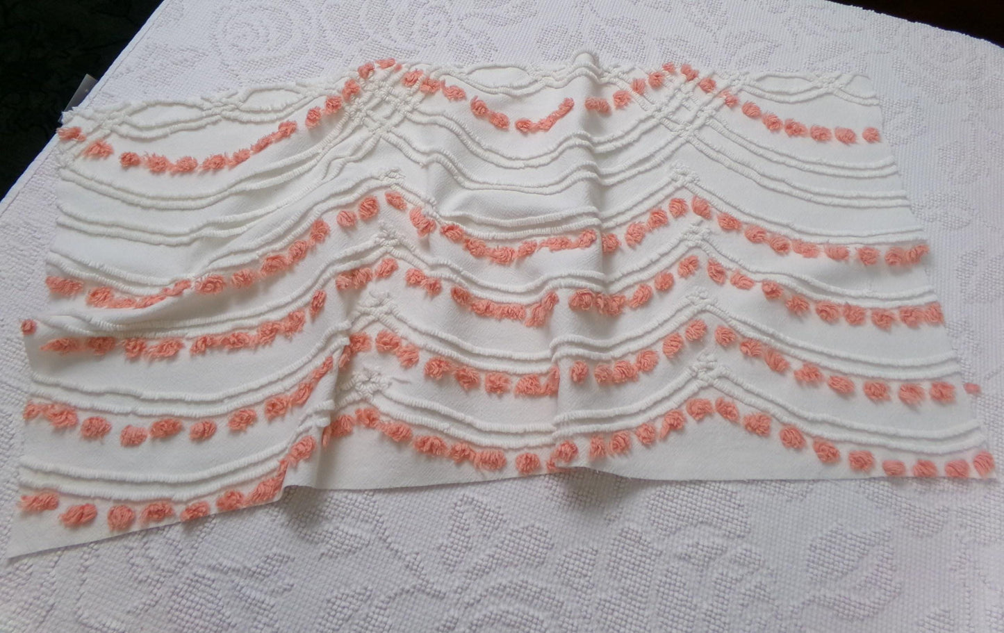 Peach Dot Swags Vintage Chenille Bedspread Fabric, White Cotton Sewing Material, 15" x 30"