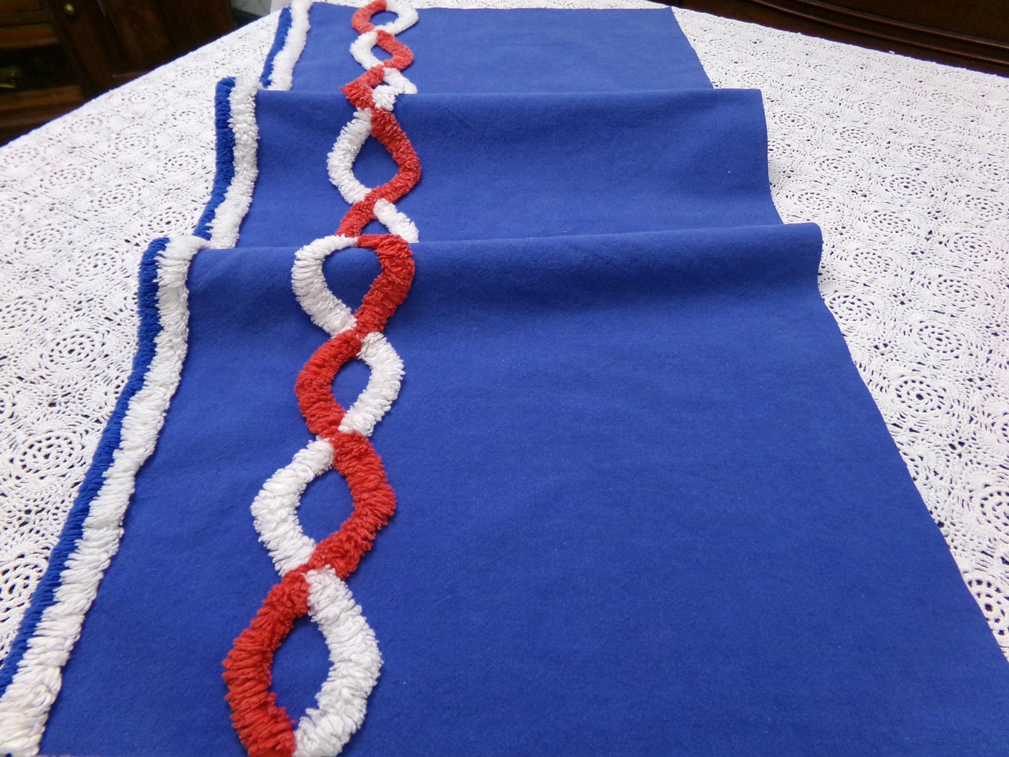 Nautical Rope Vintage Chenille Fabric, Red White & Blue 13" x 28" piece
