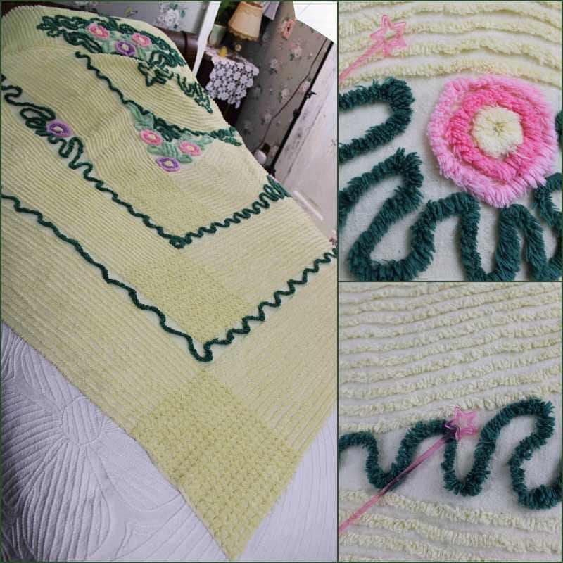 Vintage Yellow Chenille Bedspread, Lollipop Roses & Green Medallion Scrolls, Full Size