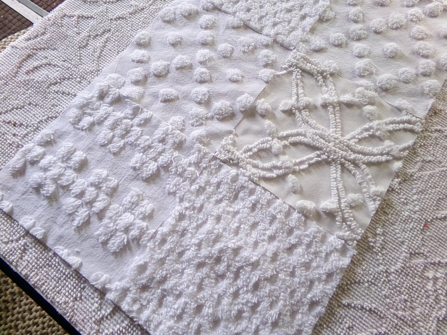 farmhouse style white chenille fabric squares, 7.5" vintage quilt blocks, set of 8 for sewing, crafts & quilting