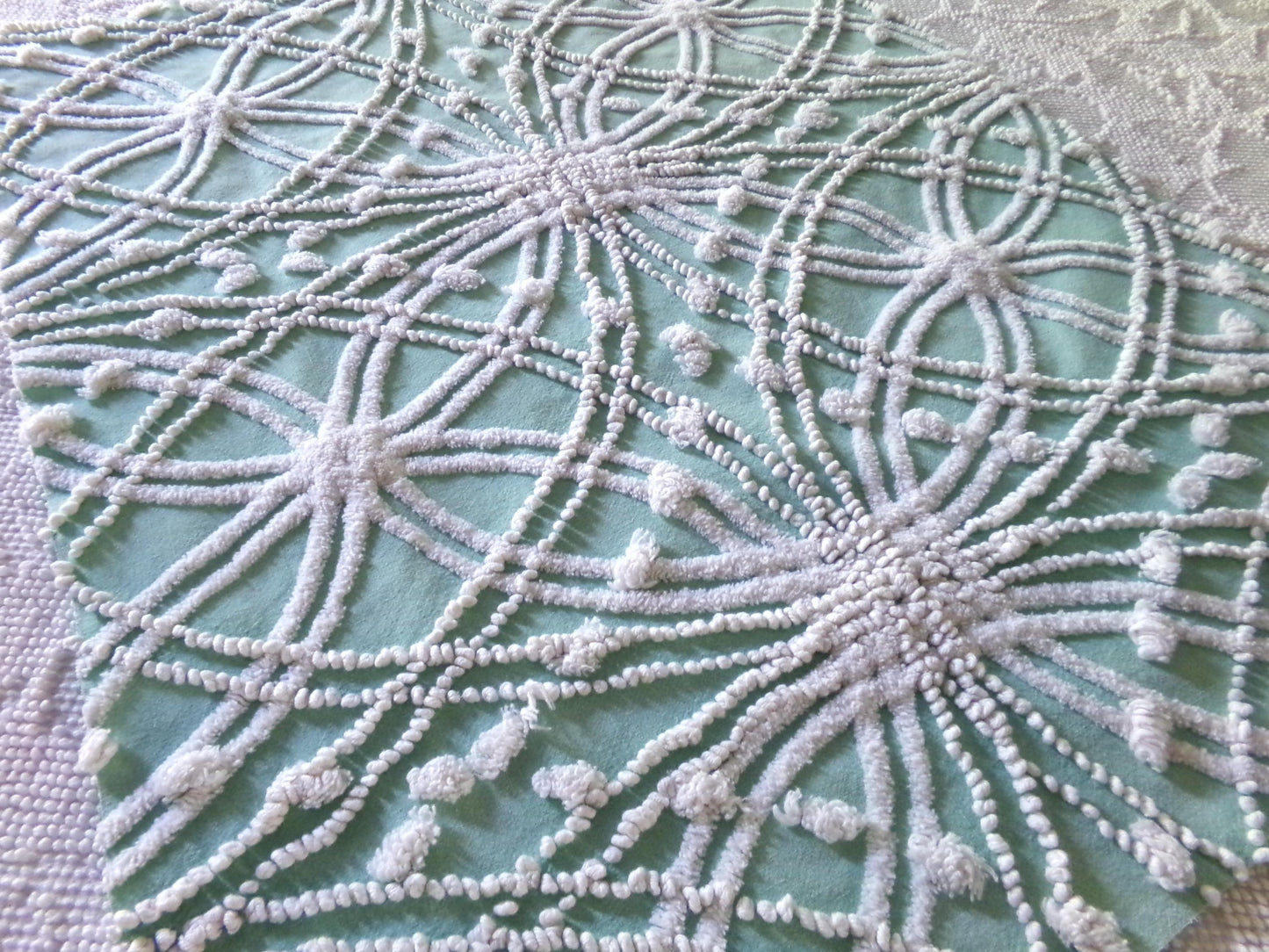 Striking Creamy Jade Green Vintage Chenille Bedspread Fabric, 19" x 23" inch Piece, White Spider Tuft Texturized Design