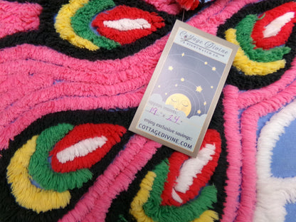 Exotic Artsy Vintage Chenille Bedspread Fabric Piece Pink Peacock Feathers, 19" x 24"