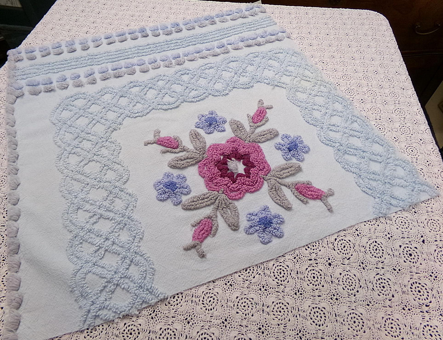 Shabby Blue Floral Vintage Chenille Bedspread Fabric, 23x23" Piece