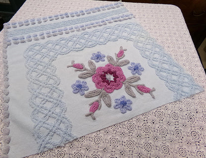Shabby Blue Floral Vintage Chenille Bedspread Fabric, 23x23" Piece
