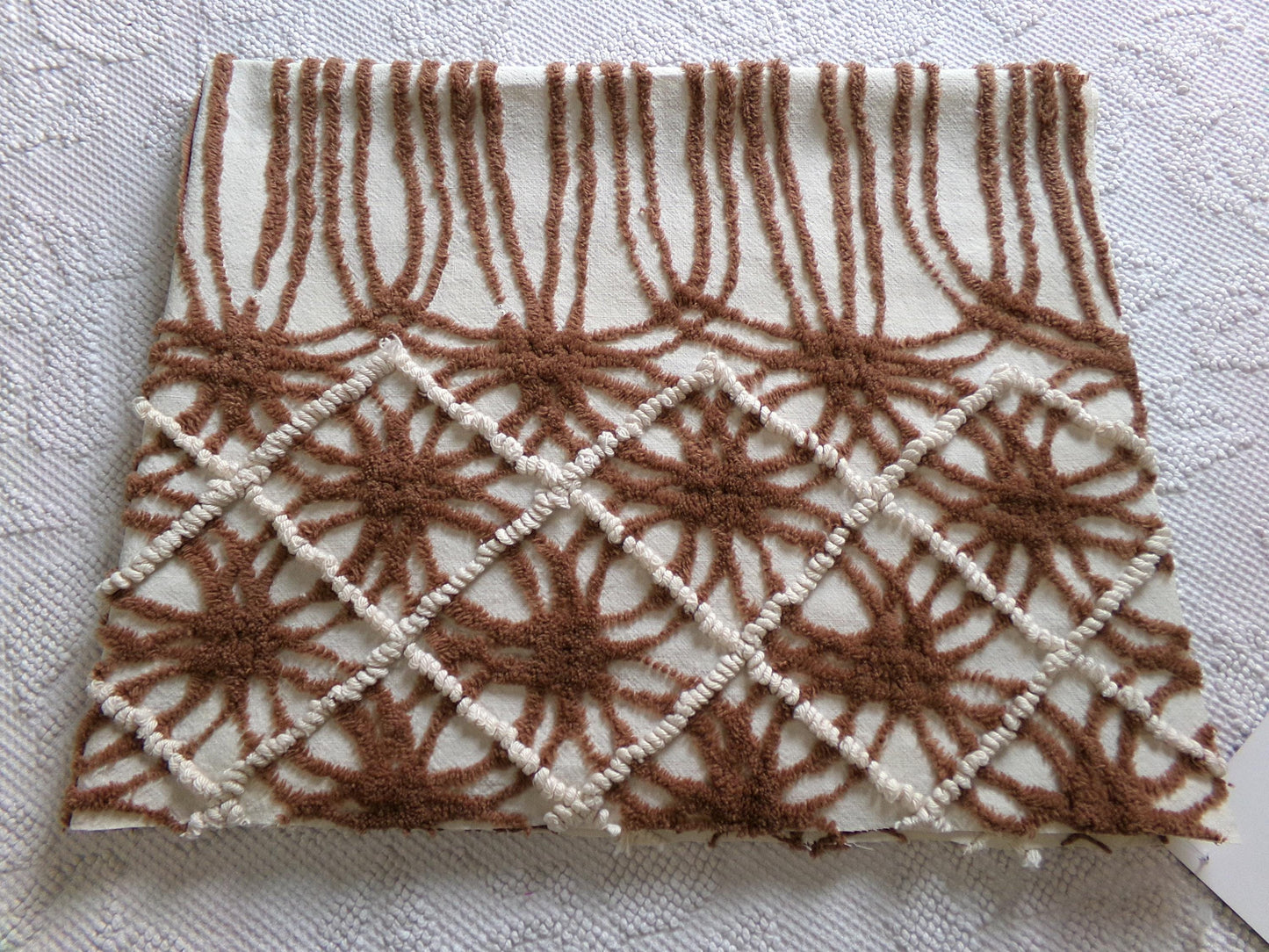 shabby cozy brown vintage chenille fabric, contrast stripe spider tuft design, 23" x 29" piece sewing & quilt material