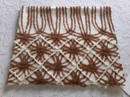 shabby cozy brown vintage chenille fabric, contrast stripe spider tuft design, 23" x 29" piece sewing & quilt material