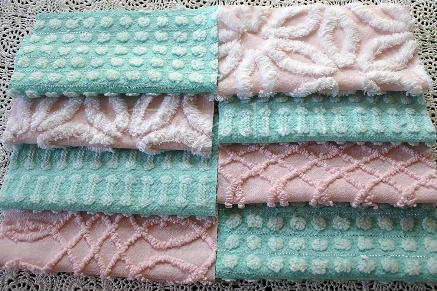 pink & aqua chenille fabric squares, set of quilt blocks cut from vintage chenille bedspreads, set of 16, 6" x 6" each for sewing, crafts