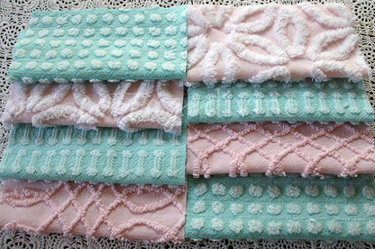 pink & aqua chenille fabric squares, set of quilt blocks cut from vintage chenille bedspreads, set of 16, 6" x 6" each for sewing, crafts