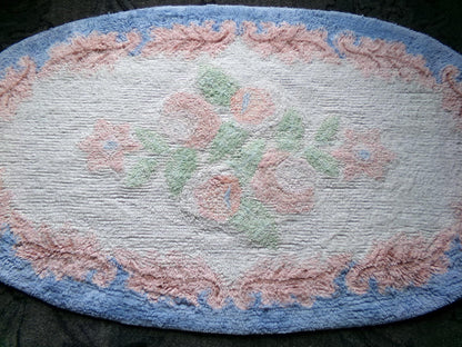 Vintage Shabby Cottage Chenille Rug, Lovely Muted Rose Florals & Pink Leaves, Cotton Bed Bath Accent Mat, Oval Shape, Large Size 25"W x 44"L