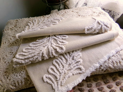falling leaves vintage chenille fabric, 24" x 21" inch piece, simple shabby needletuft large leaf design on mocha cotton