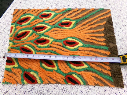 peacock feathers vintage chenille bedspread fabric boho exotic plumes brown orange 14.5x19.5"