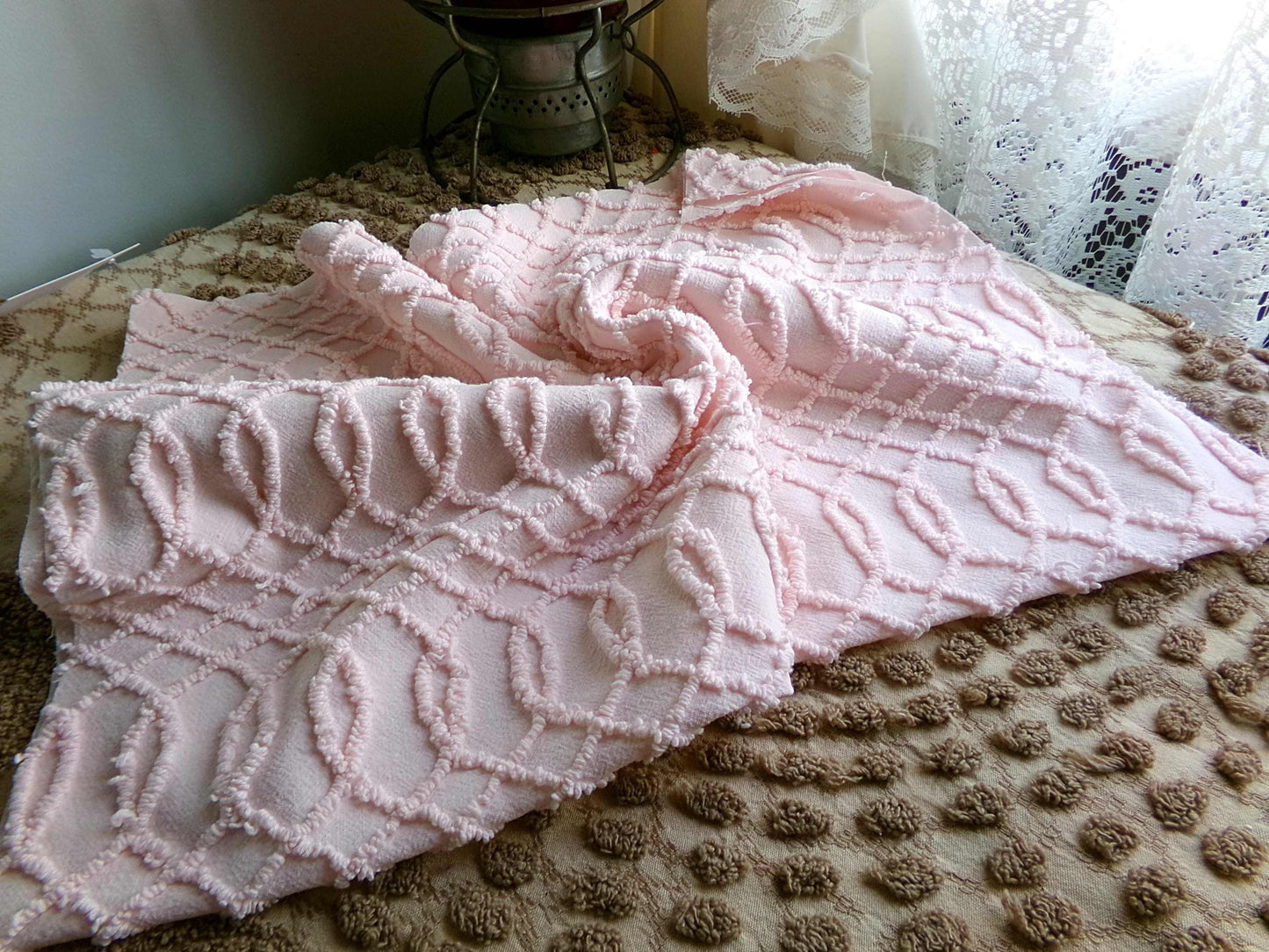 Chic Pink Eternity Links Vintage Chenille Fabric, 18x25" piece