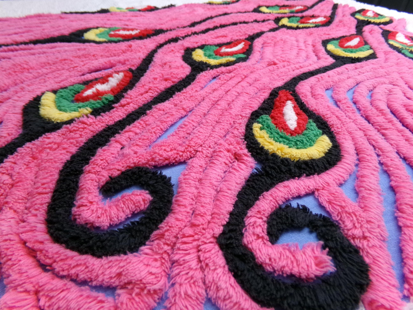 Exotic Artsy Vintage Chenille Bedspread Fabric Piece Pink Peacock Feathers, 19" x 24"