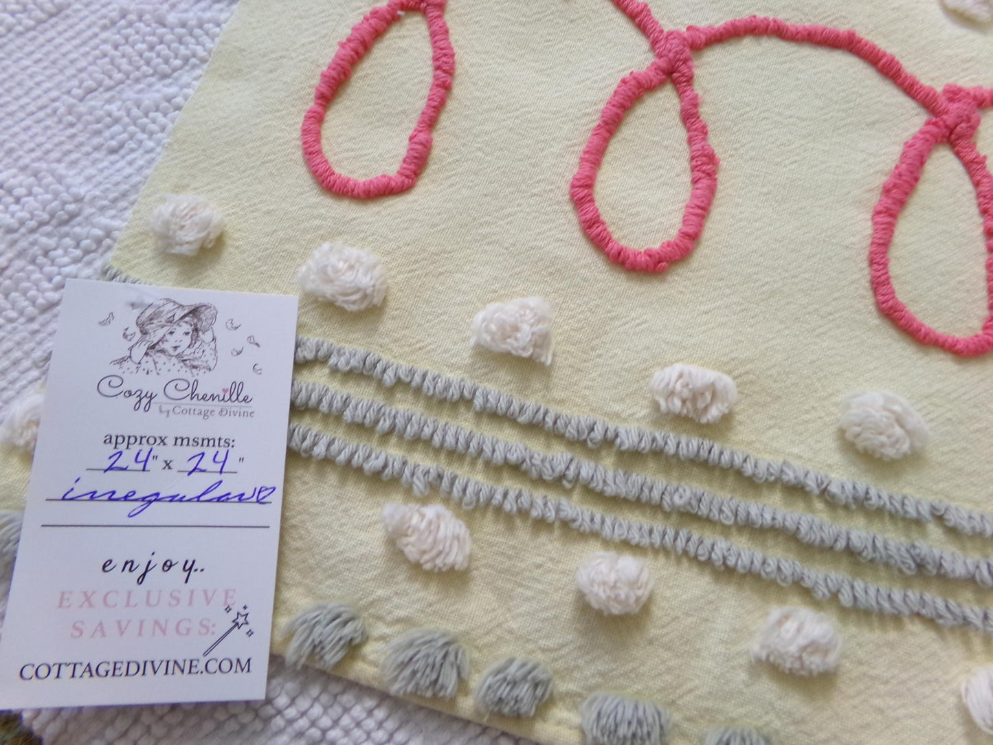 red doodles vintage chenille bedspread fabric, unique quilt & sewing material, 24" x 24" piece