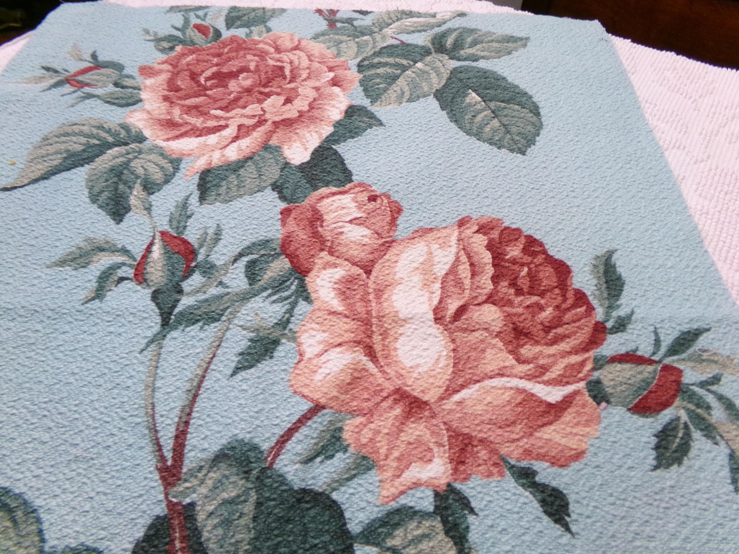 Vintage 1940s Barkcloth Fabric Aqua Blue Pink Roses Botanical Mid-Century Shabby, 18" x 26"