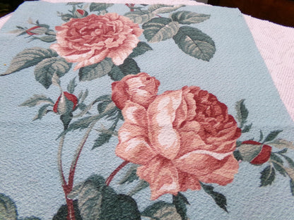 Vintage 1940s Barkcloth Fabric Aqua Blue Pink Roses Botanical Mid-Century Shabby, 18" x 26"